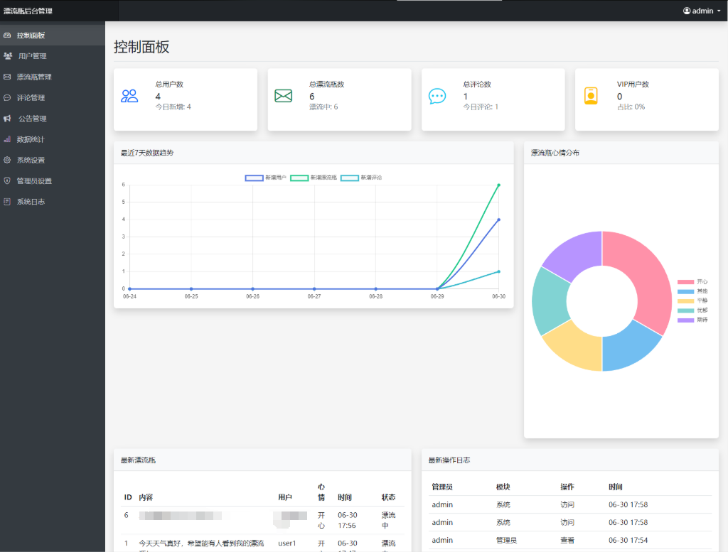 全新漂流瓶系统源码 全开源 新UI 附安装教程