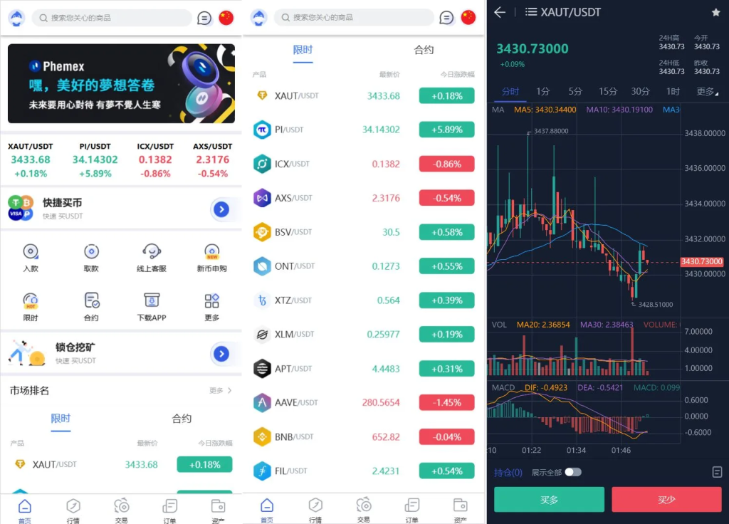 Phemex多语言交易所源码/期权交易+合约交易+新币申购+锁仓挖矿+平台币发行+K线行情控制/前端uniapp编译后+后端PHP-狗窝源码站